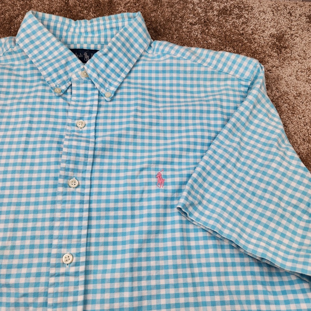 Polo Ralph Lauren Mens XL Short Sleeve Gingham Shirt Blue White Classic Fit